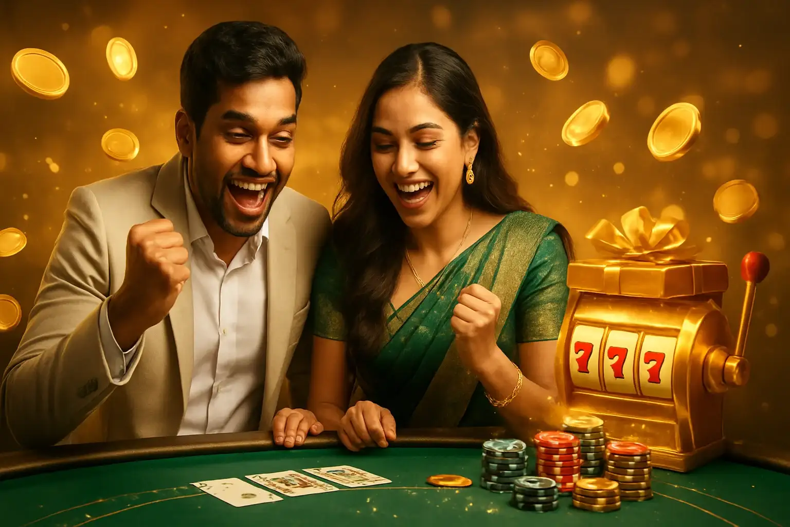Happy South Asian couple celebrating at casino poker table with gold coins and chips